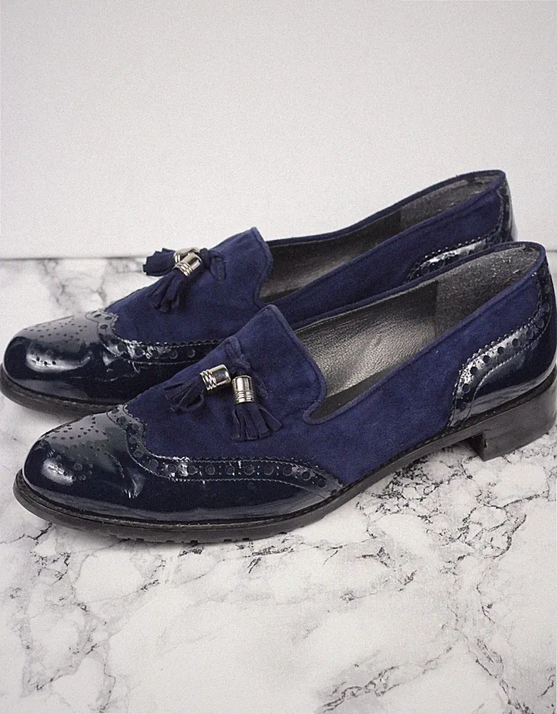 Stuart Weitzman Navy Suede & Leather Guy Thing Loafers, Size EU 41 / UK 8