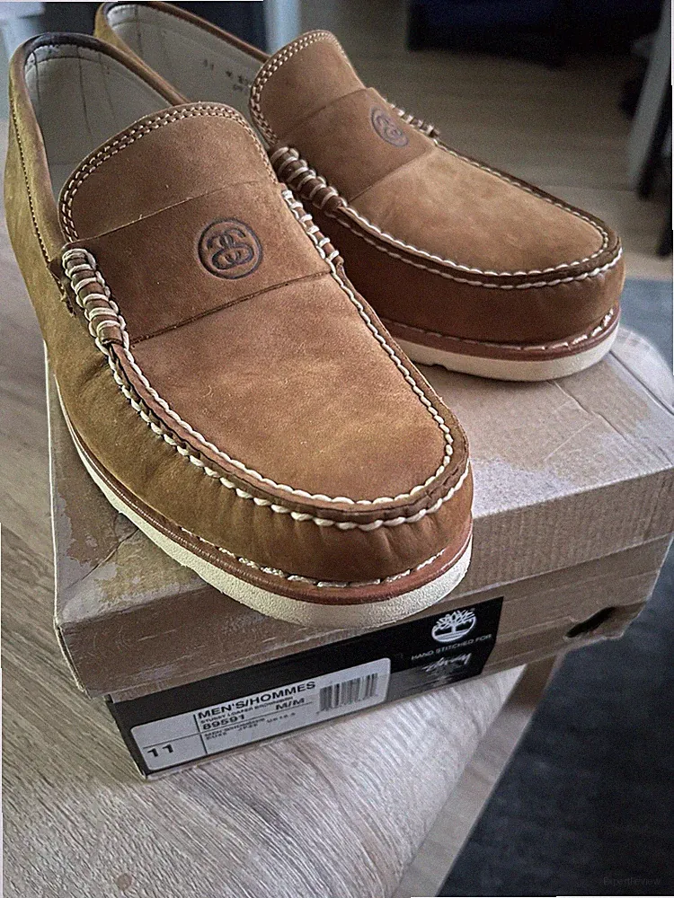 Stussy Timberland Herren Slipper Loafer Leder braun EU 45 US 11 Gummisohle 89591