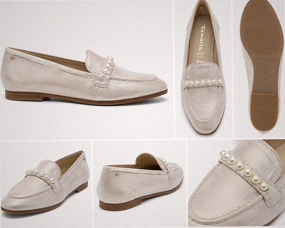 Tamaris Damen Loafer Slipper Mokassin Silber Leder 1-24220-44-941 Neu