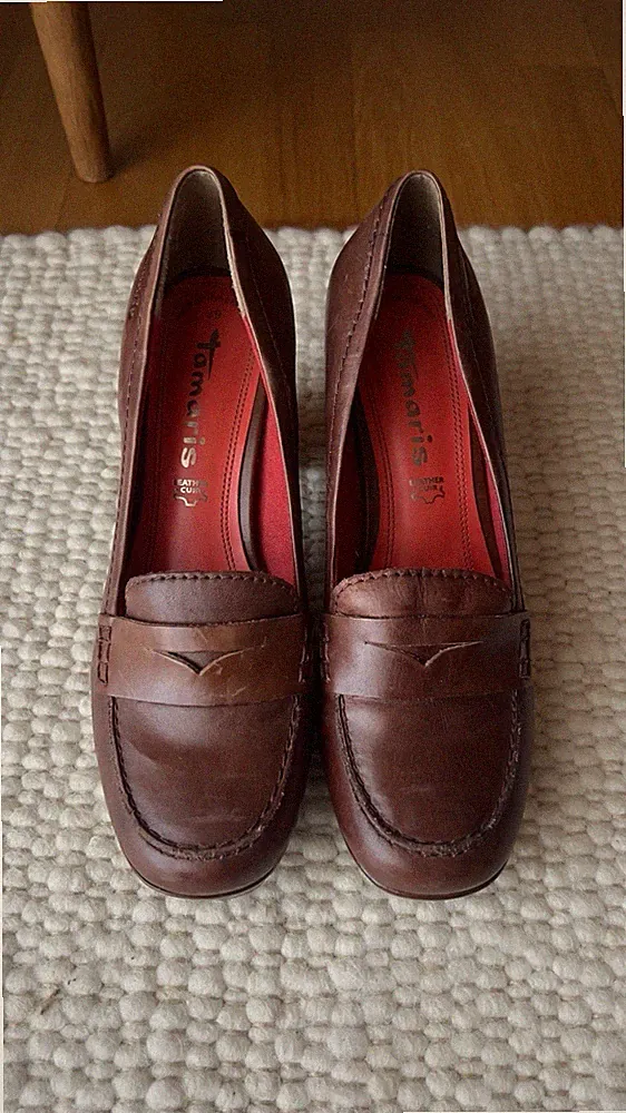 Tamaris Damen Pumps Loafer braun Echtleder Gr. 39 Blockabsatz