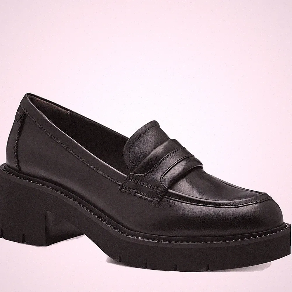 Tamaris Damen Schwarze Leder Keilabsatz Loafer Elegant 24727-43-003