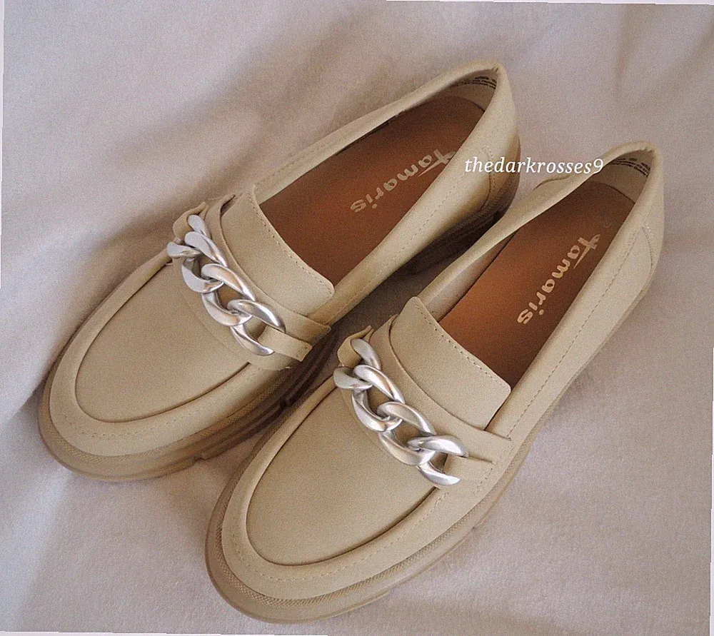 Tamaris Slipper Plateau Chunky Loafer Schuhe gr. 39 Leder beige Kette neu