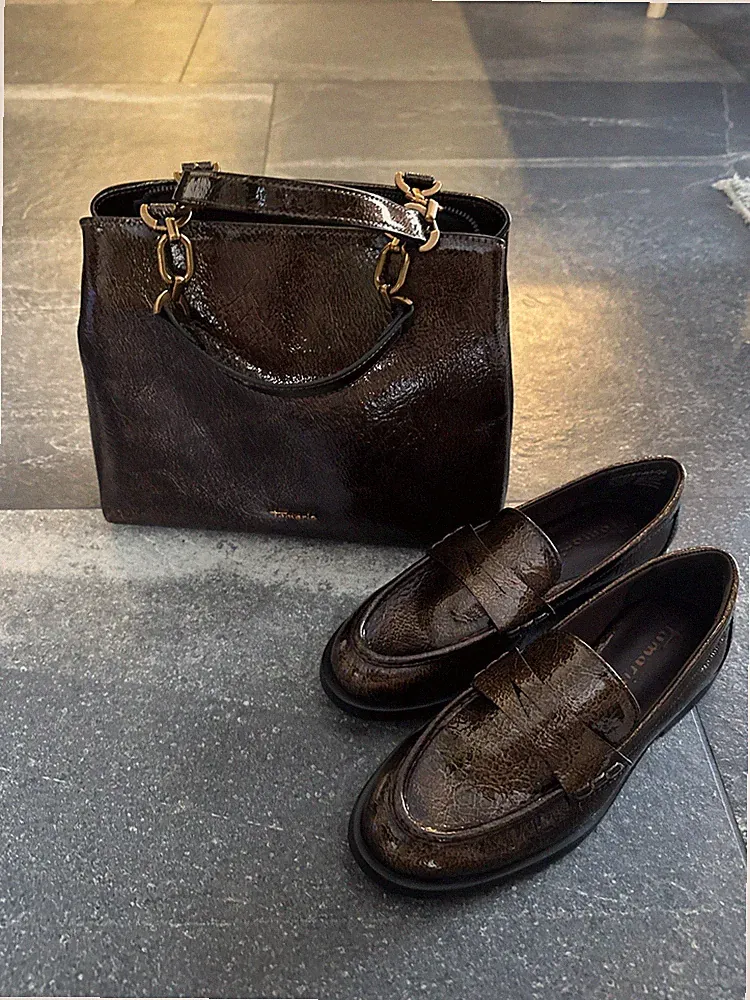 Tamaris Tasche und Loafer. Leder Glanz Braun. Größe 38. Top Zustand Neuwertig