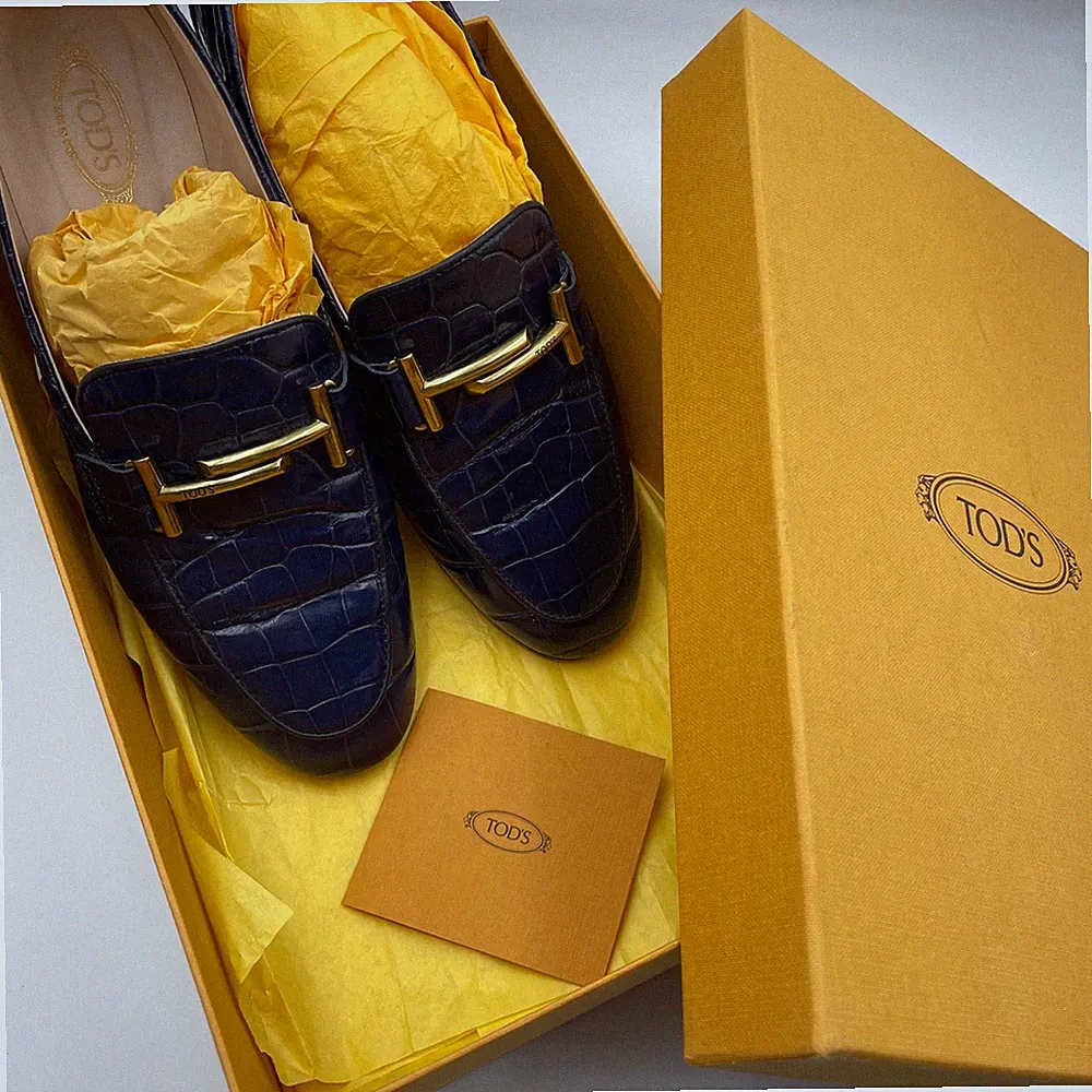 Tod's Blue Crocodile Embossed Double T Slip On Loafers Size 38.5