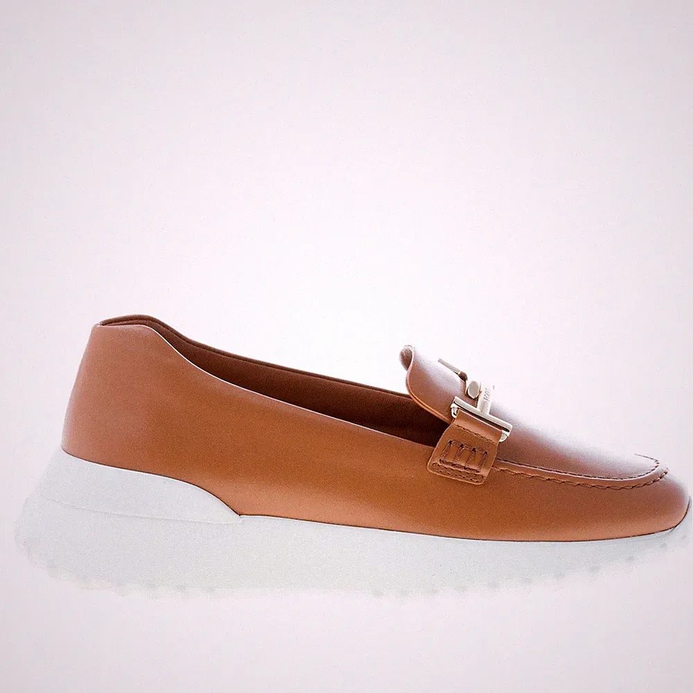 TOD'S damen schuhe braun soft leder loafer golden metal double-T sport sohle