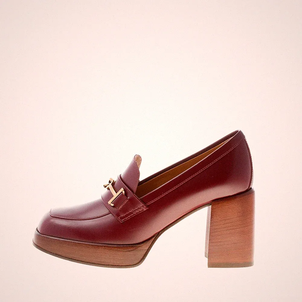 TOD'S Damen Schuhe Halbschuh Plateau Leder halbglänzend burgundy Double T Absatz 9
