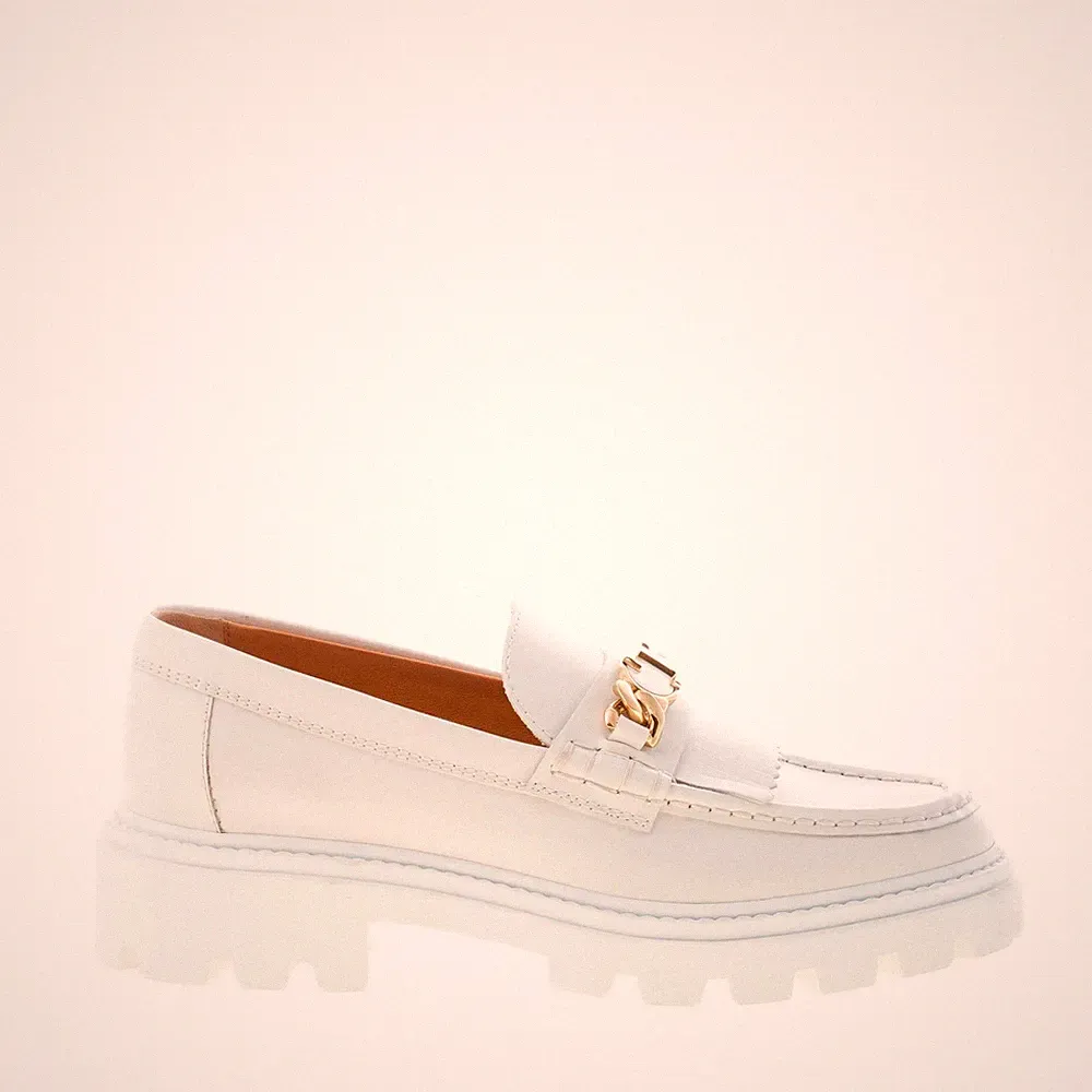 TOD'S Damen Schuhe Halbschuh Timeless Leder Weiß Fransen Kette T-Chain Gold
