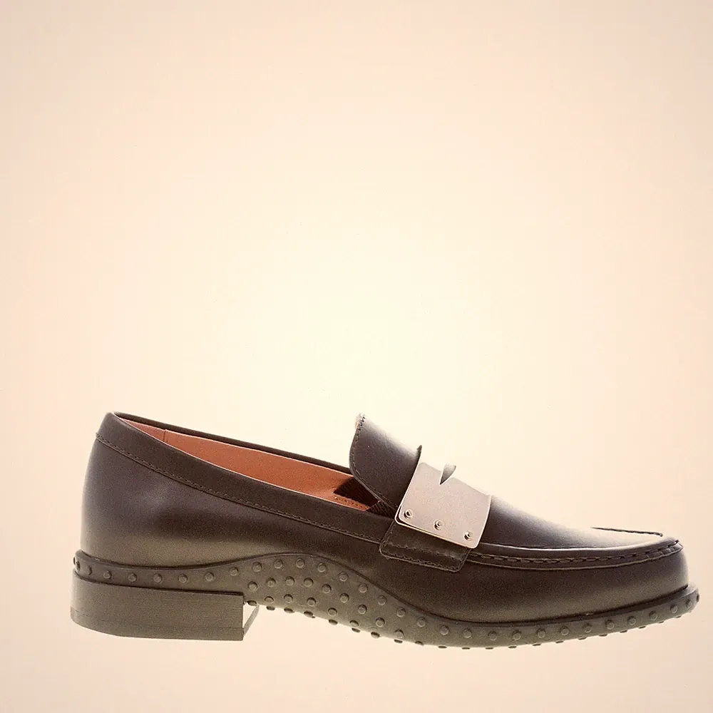 TOD'S damen schuhe schwarz leder loafer mit branded silber metall penny bar