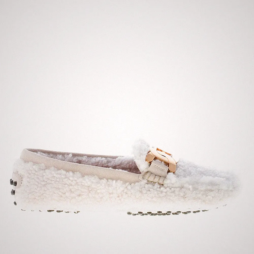 TOD'S damen schuhe weiß shearling gommino loafer gold metal kette schnalle