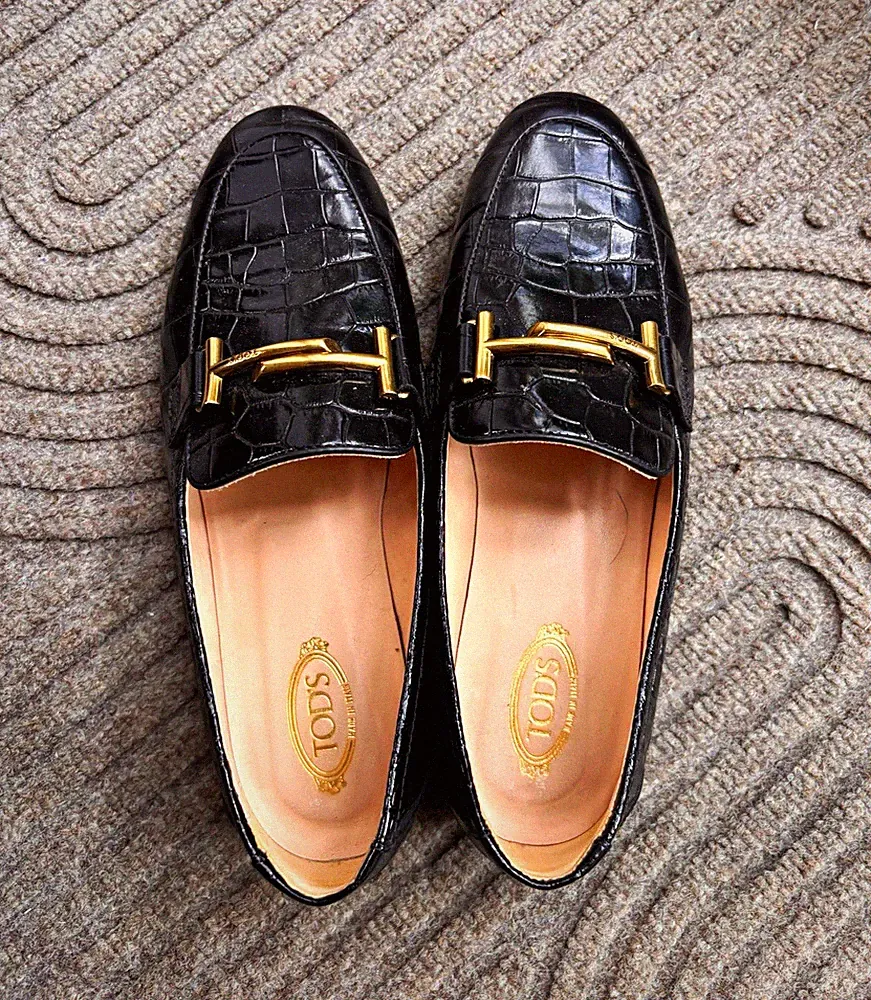 Tod's Damen Slipper Loafer EU 37,5 Schwarz Leder Krokodilprägung Schnalle