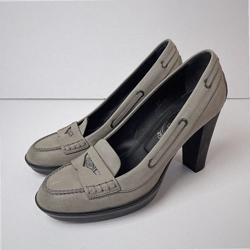 Tod's Grau Leder Mokassin Loafer Plateau Absatz EU 38 UK 5