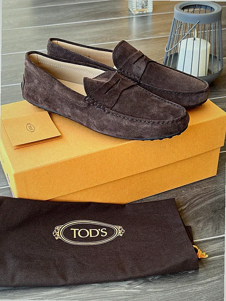 Tod’s Herren Wildleder Slipper Slip-On Braun EU 43 Logo Gummisohle