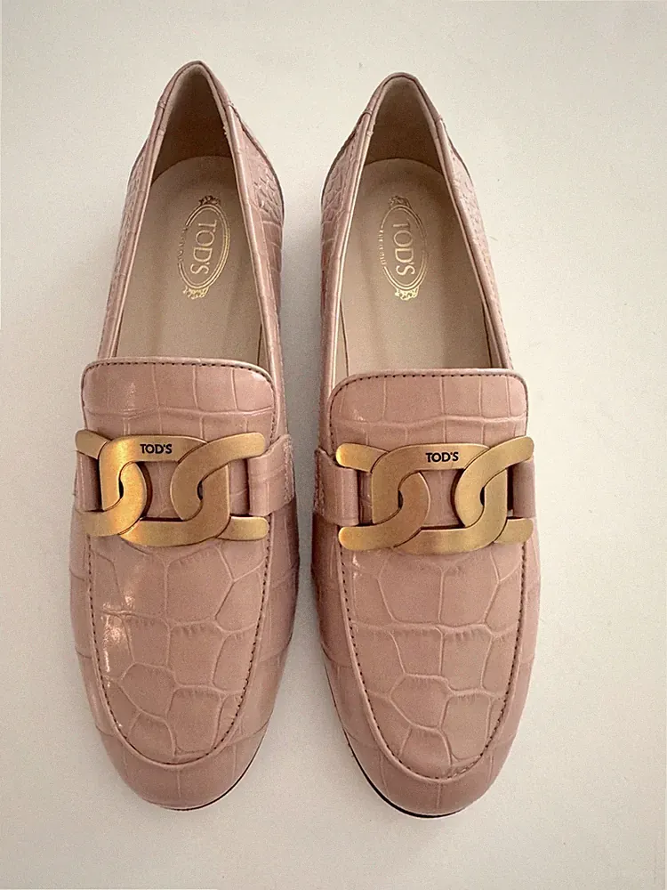Tod's Loafer Mokassins Rosa Gold Logo Leder Kroko Optik 38 Neu Model Kate