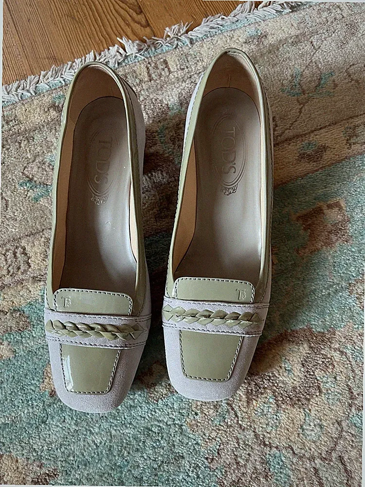 Tod's Luxury Pumps Loafer Gr. 38 Grau Olivgrün Wildleder Blockabsatz Italy Top
