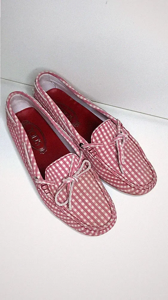 TOD'S Schuhe Loafers 37 Gommino Nubuk Leder ROT WEIß kariert Karo Muster Ösen