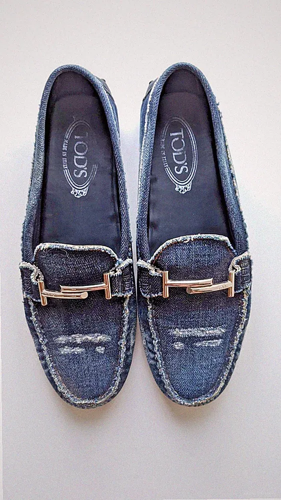 TOD'S Schuhe Loafers 38.5 Gommino Denim Jeans Stoff BLAU SILBER Doppel T Logo