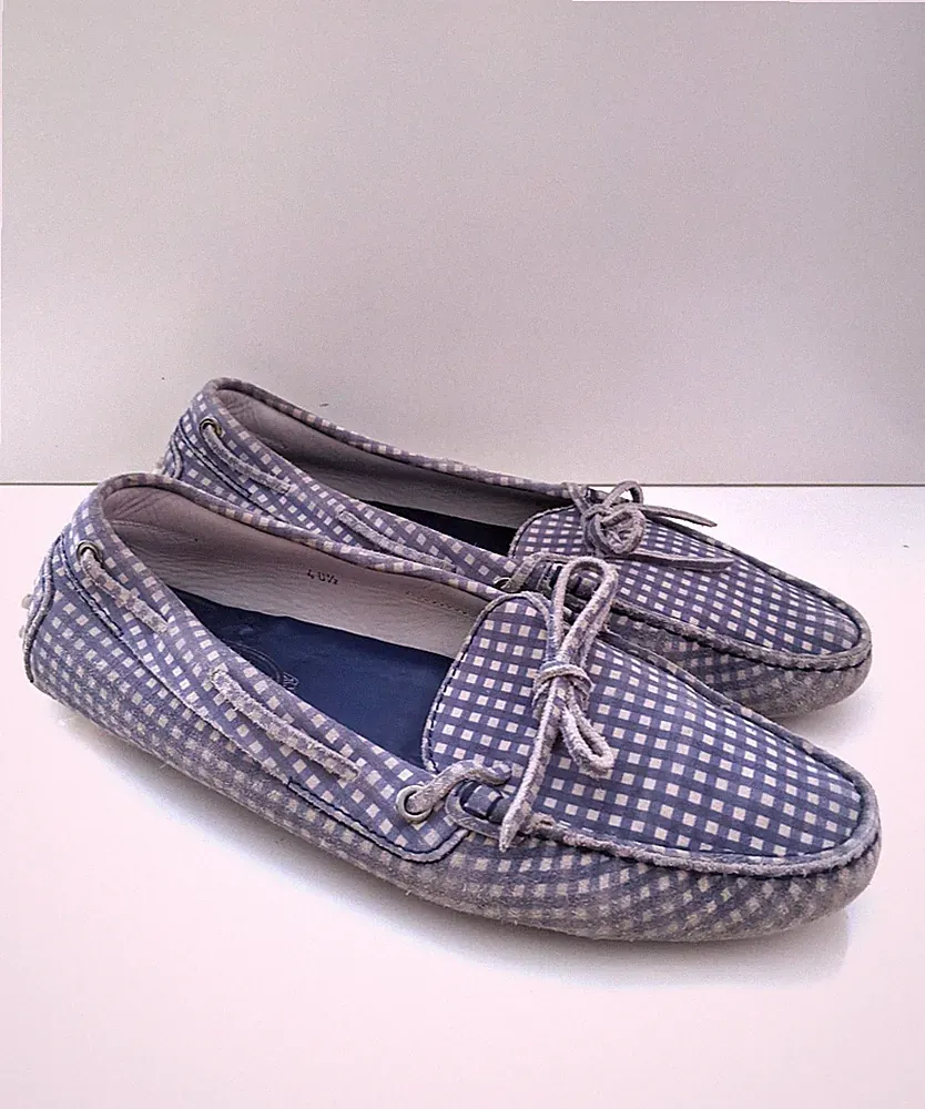 TOD'S Schuhe Loafers 40.5 Gommino Nubuk Leder BLAU WEIß kariert Karo Muster Ösen