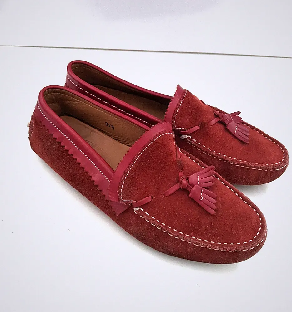 TOD'S Schuhe Loafers Gr. 37.5 Mokassin ROT Wildleder Leder Quasten