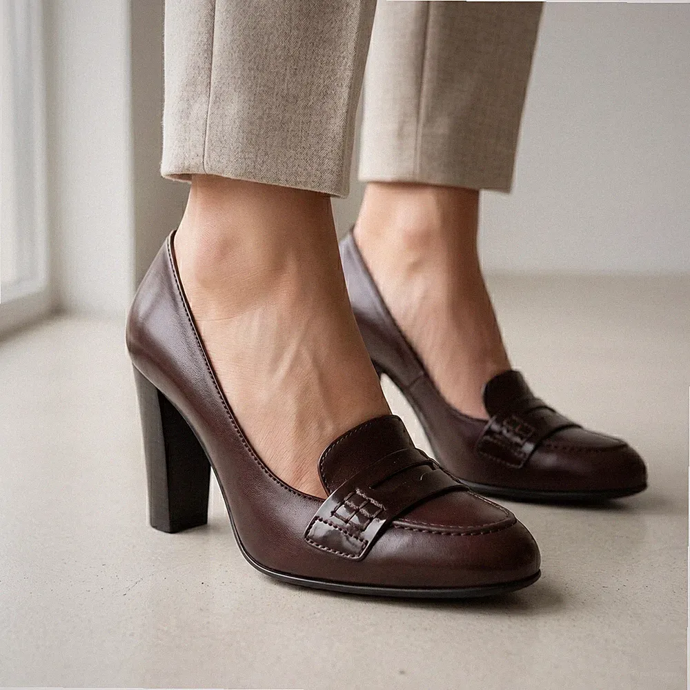 Tods Damen US 9 EU 39 Braune Leder Loafer Blockabsatz High Heels Pumps Italy