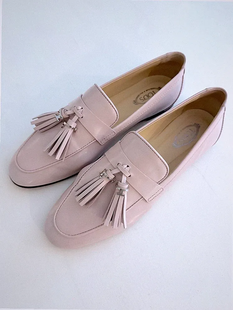 Tods Schuhe Mokassins Tassel Loafer Rosa Leder T Logo Silber 38