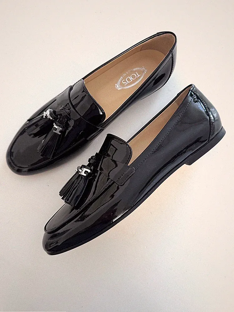 Tods Schuhe Mokassins Tassel Loafer Schwarz Lack-Leder T Logo 38 Neu