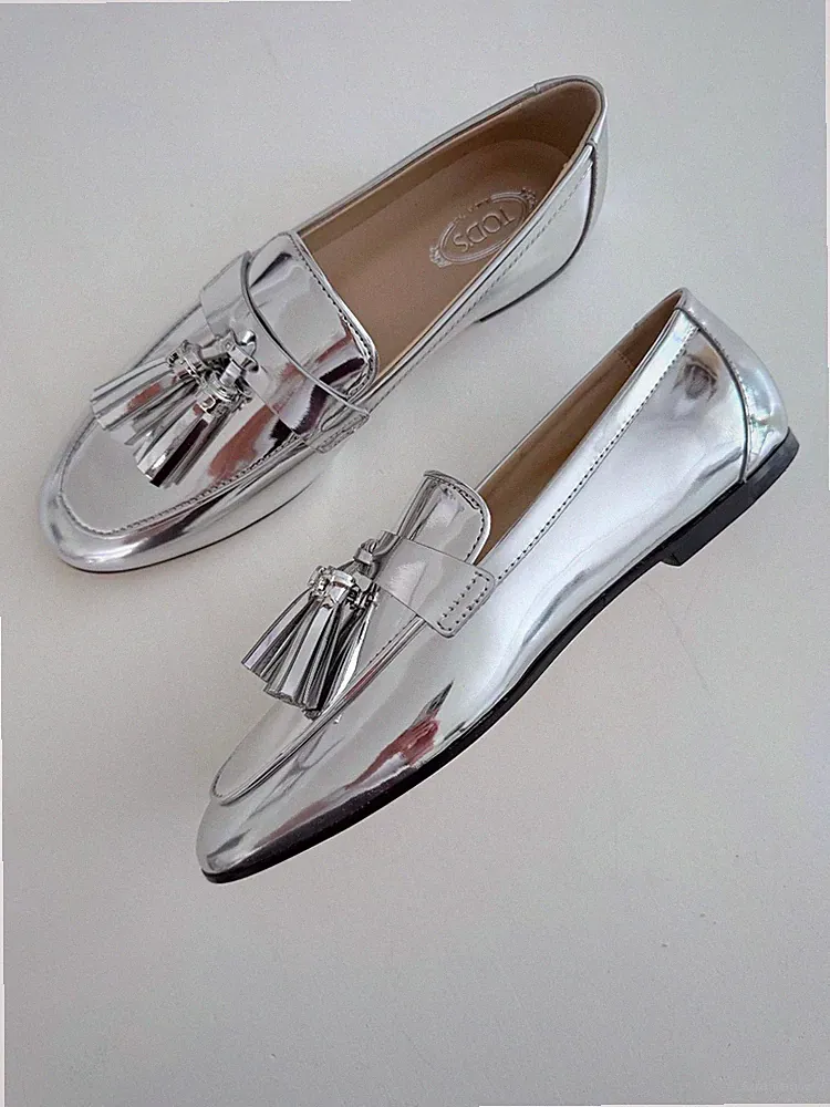Tods Schuhe Mokassins Tassel Loafer Silber Leder Tod's T Logo 38 Neu