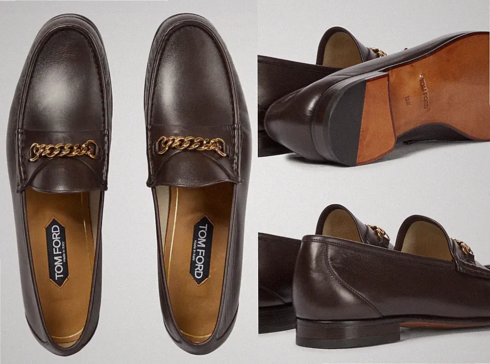 Tom Ford Calf Leather York Chain Gold Trimmed Loafers Mokassins Shoes Schuhe 40