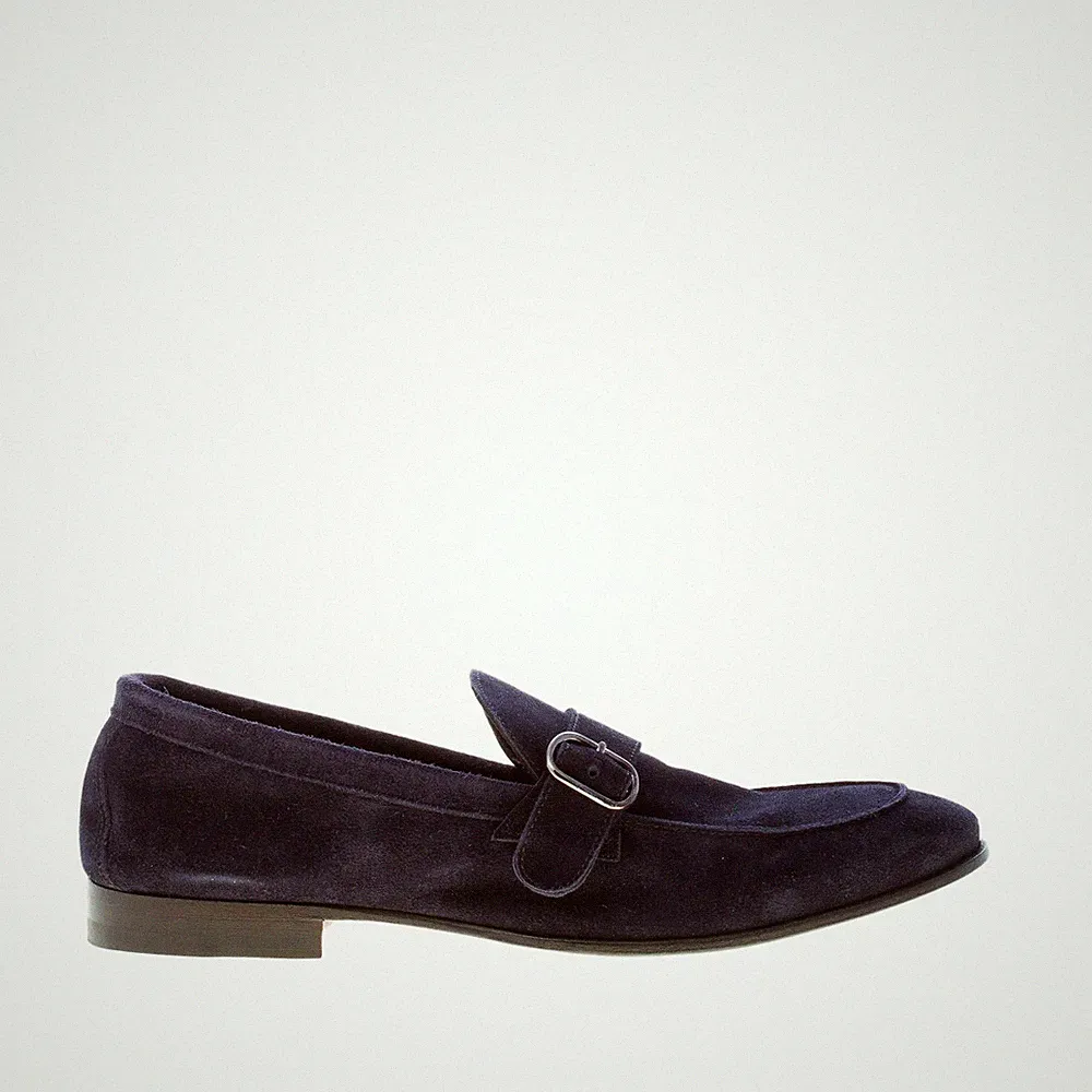 TOP Herrenschuhe Handarbeit Mokassin aus blauem Wildleder mit Schlaufe und Schnalle