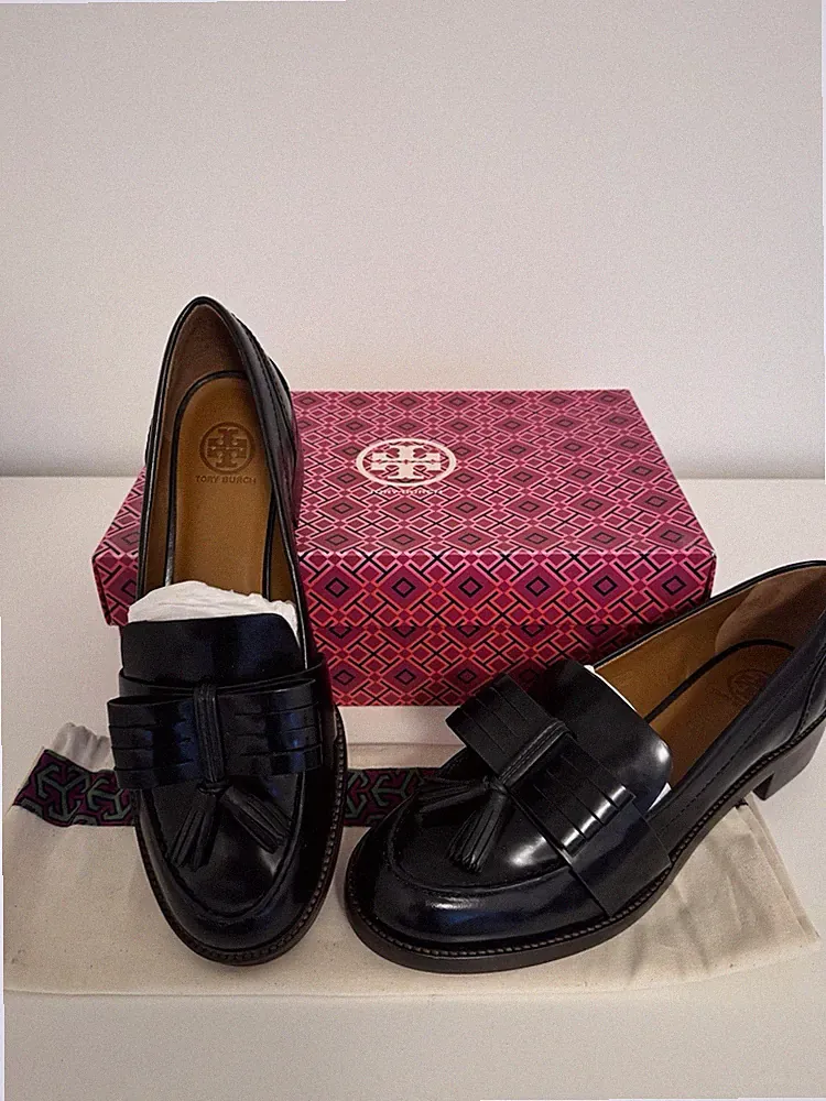 Tory Burch Damen Slipper Loafer Leder blau Quaste Slip-On US 9 EU 40 MONDO 250mm