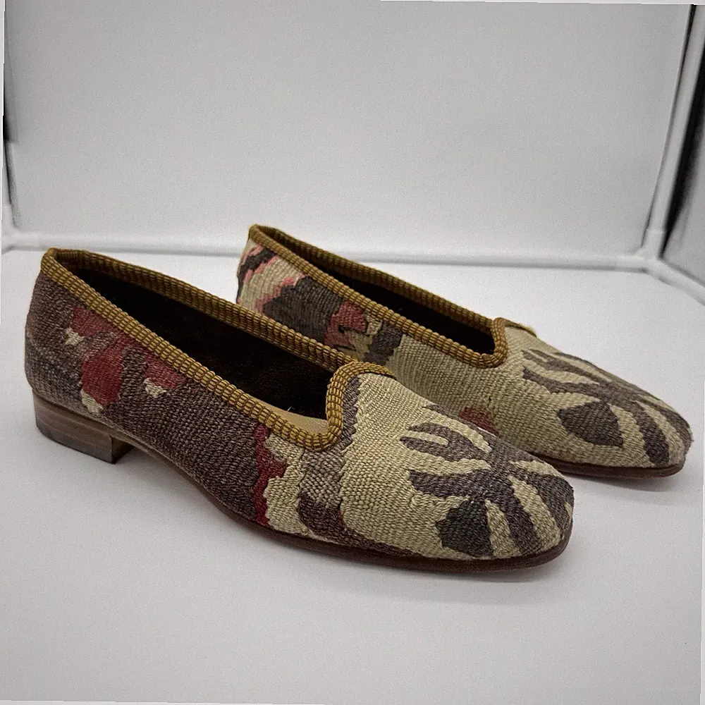 Turkish Kilim Shoes Womens 8 100% Wool Upper Carpet Loafers Indie Boho Art VTG