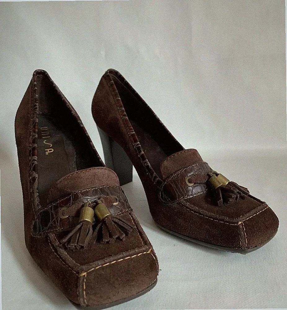 Unisa braun Wildleder Leder 3" High Heel Quasten Loafer Gummisohle Größe UK 4