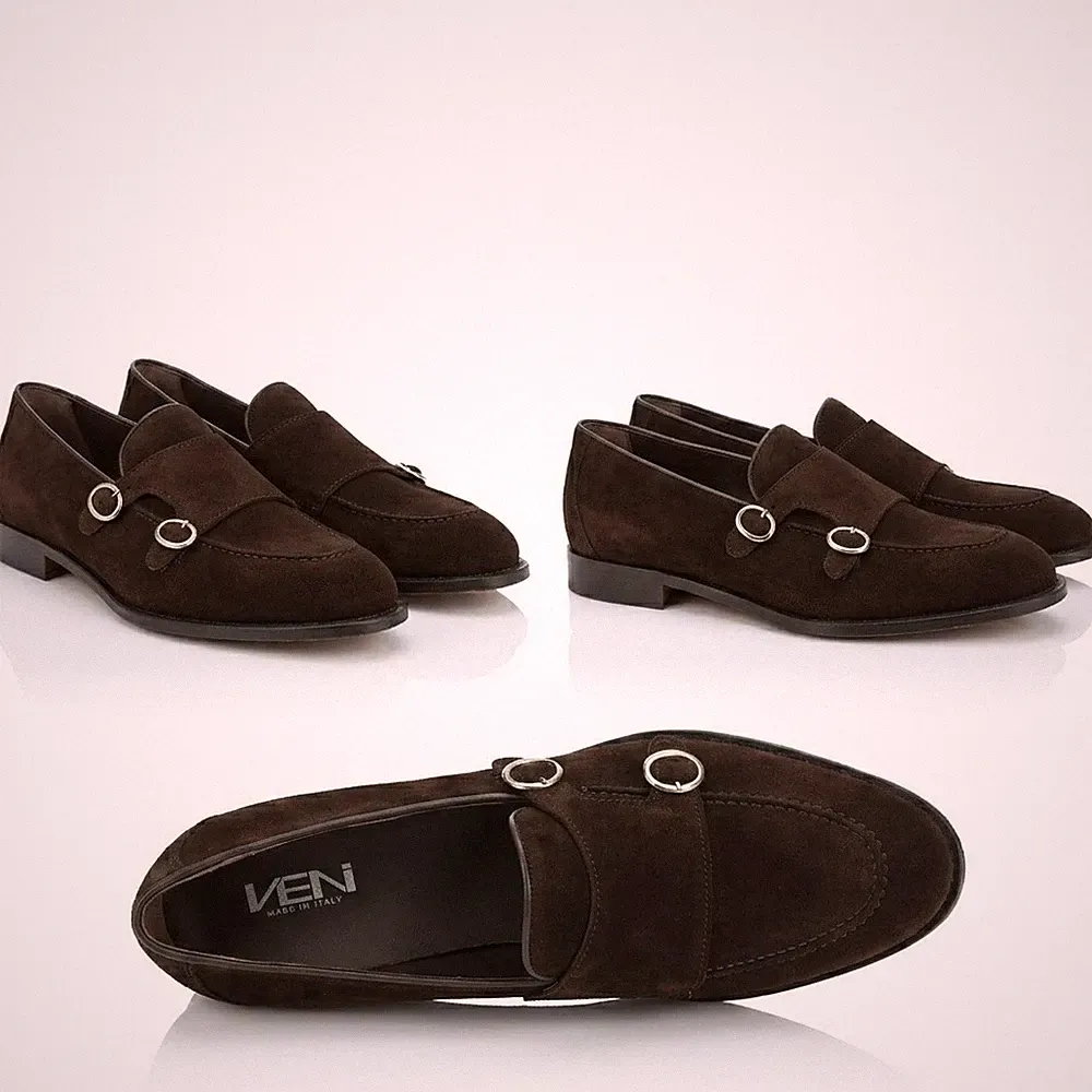 Veni Halbschuh Doppelschnalle Double Monk Strap Herren 43 Wildleder Braun