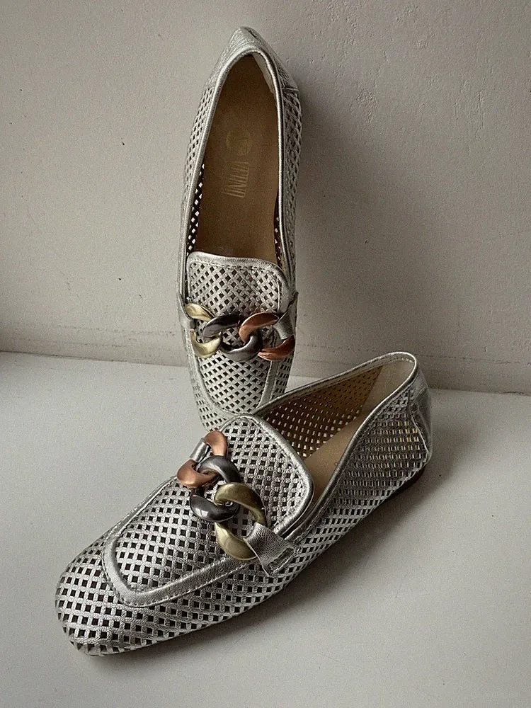 Verno Leder Loafer Schuhe Slipper Silber Kettenglieder Gr. 36/37