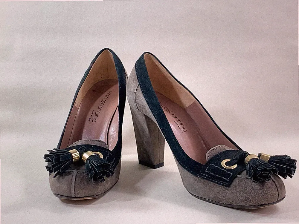 Via Constantina grau & schwarz Wildleder 3,5" High Heel Halbschuhe & Quasten vorne UK 3,5