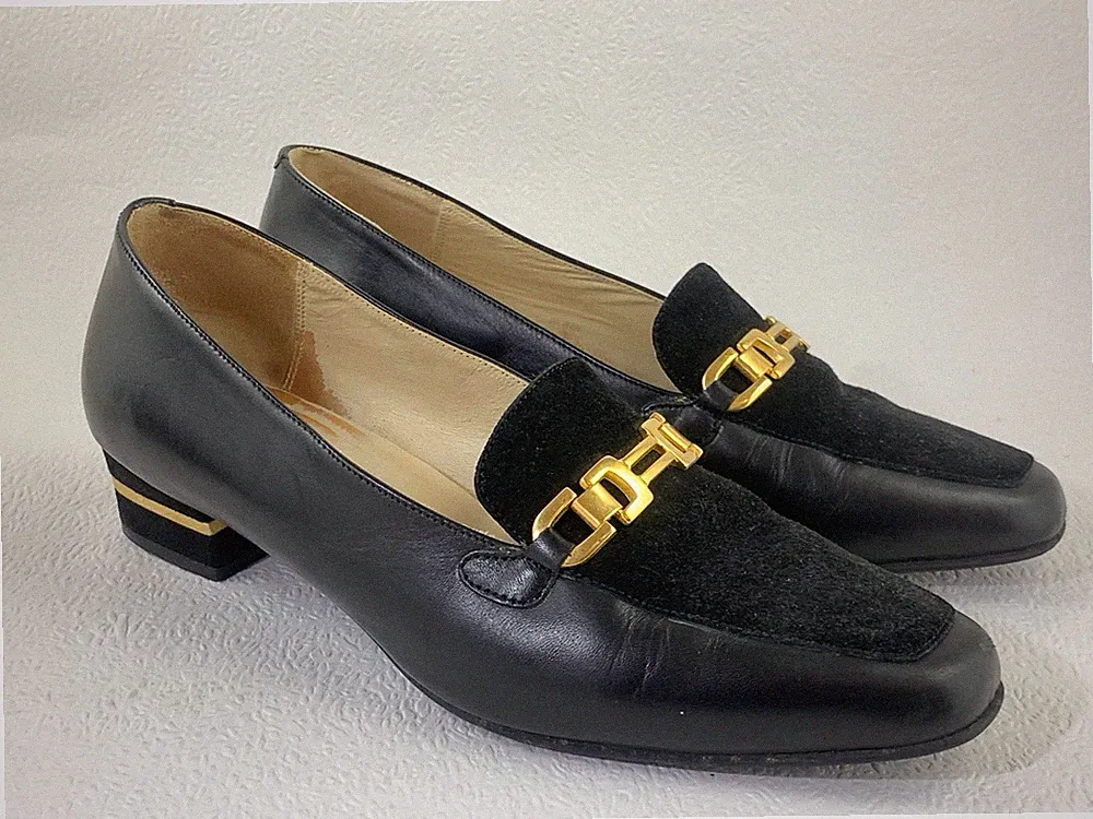 Vintage 1980s Black Leather Gold Trim Horsebit Low Heel Loafers UK 4,5 EU 37,5