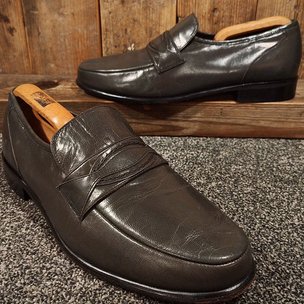 Vintage 90er James Granville Herren Metallic Grau Leder Penny Halbschuhe UK 10