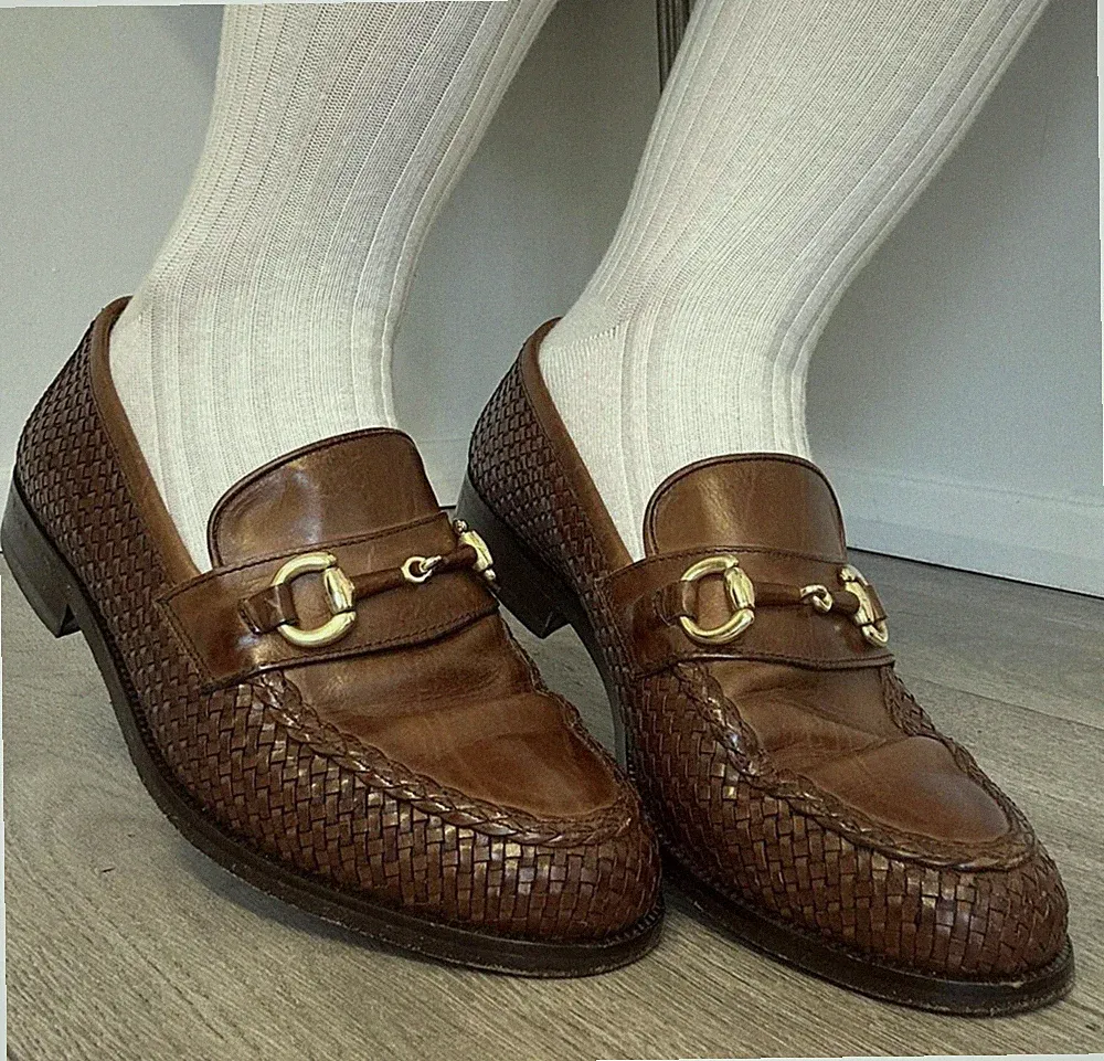 Vintage Bally Woven Leather Loafers Brown Horsebit Shoes UK 7 EU 40,5 Vintage