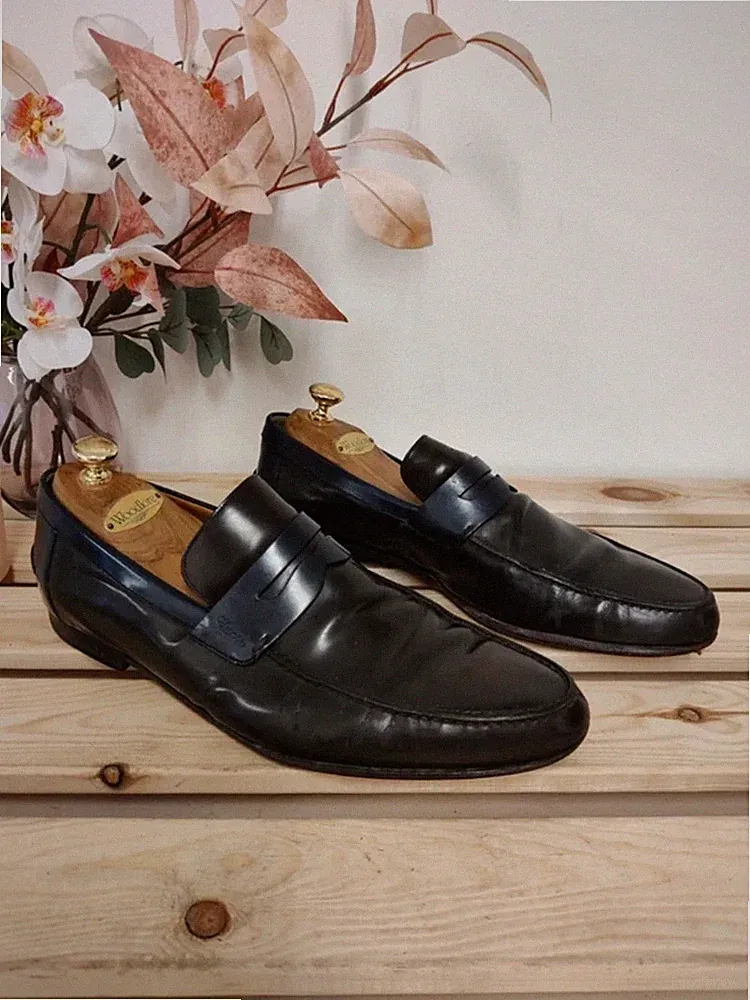 Vintage Gucci dunkelbraun & marineblau hochglänzende Leder elegante formelle Halbschuhe UK 10,5