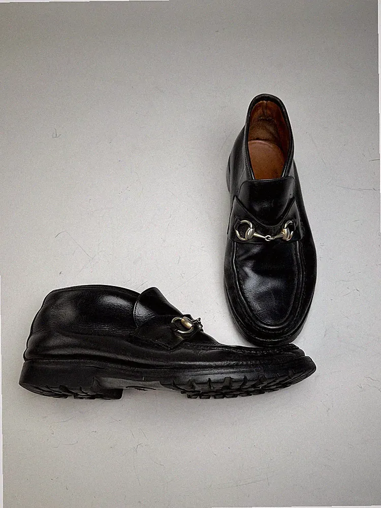 Vintage Gucci Horsebit Leather Loafers Black Silver EU40.5