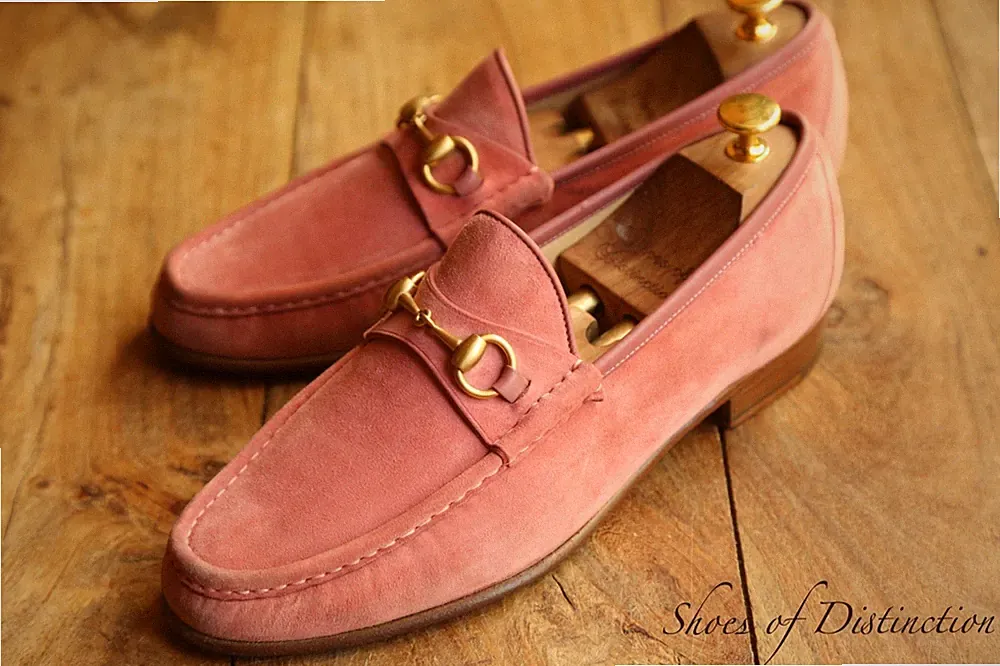 Vintage Gucci Rosa Wildleder Messing Pferd Gebiss Schuhe Halbschuhe Herren...