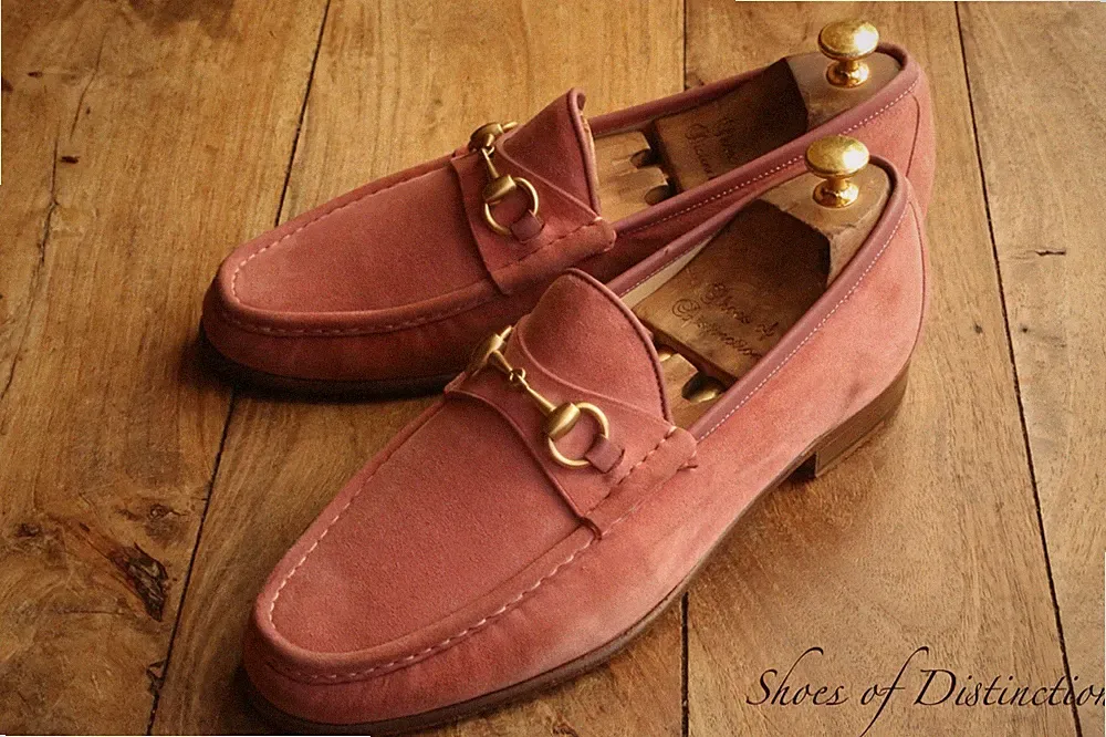 Vintage Gucci Rosa Wildleder Messing Pferd Gebiss Schuhe Halbschuhe Herren UK...