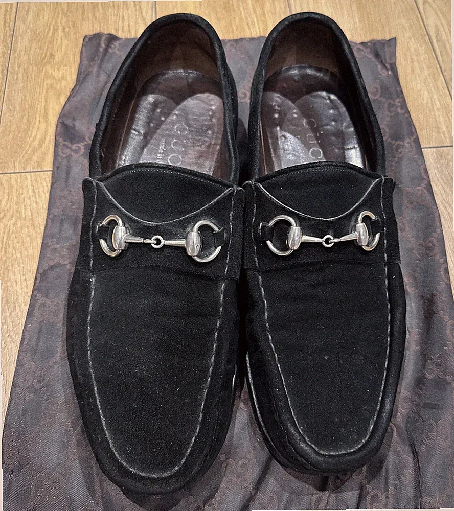 Vintage Gucci Tom Ford Era Black Suede Horsebit Loafers EU 45 Silver Hardware