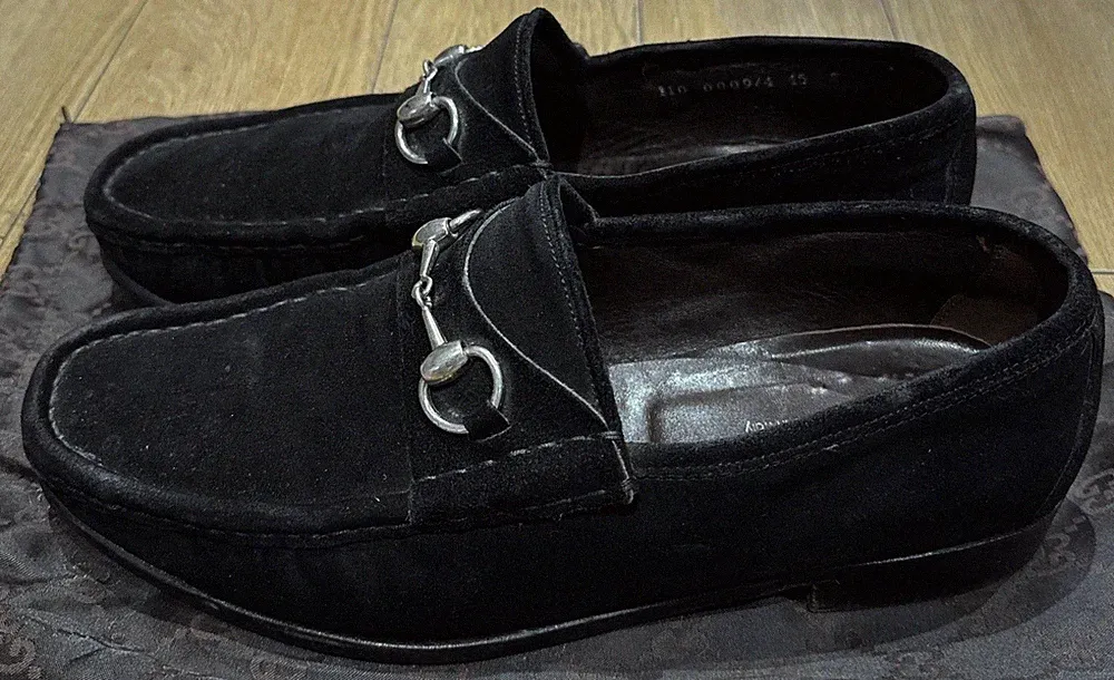 Vintage Gucci Tom Ford Era Black Suede Horsebit Loafers EU 45 UK 11 Slipper