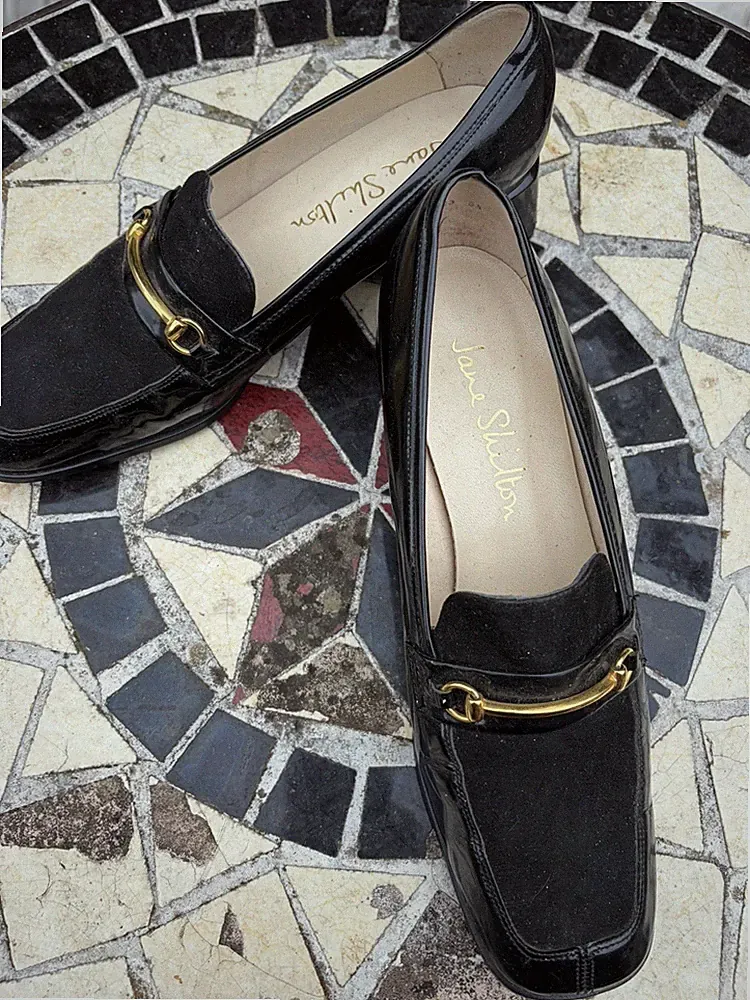 Vintage Jane Shilton Black Patent & Suede Horsebit Loafers Block Heel, UK 5 1/2