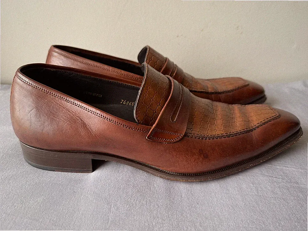 Vintage Mezlan Spain Mens 11 M Brown Leather Grid Textured Penny Loafers 16279