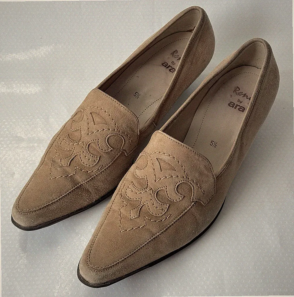 Vintage René by Ara Leder Loafer Absatz Cowboy Braun Beige 38 1/2 38.5
