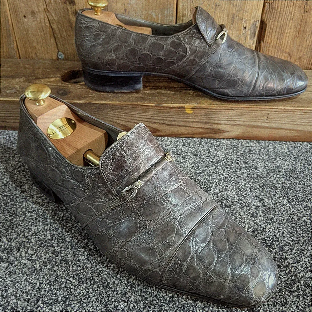 Vintage Russell Bromley Echt Krokodilleder Halbschuhe Grau Trense Schuhe 9