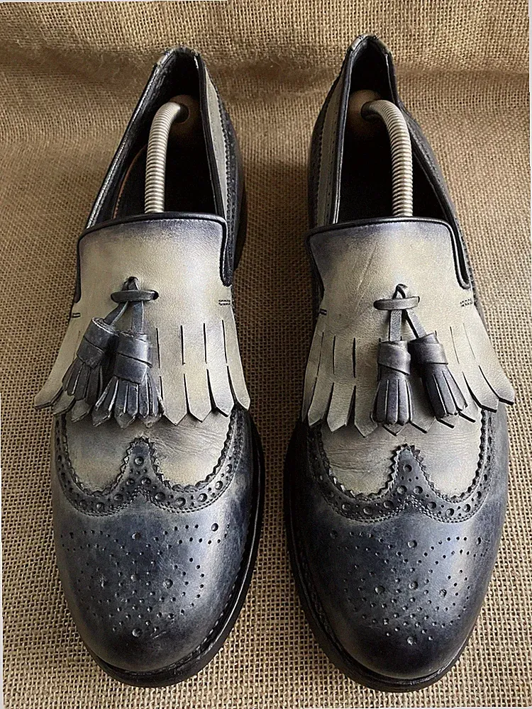 Vintage Santoni Herren Blau Leder Quaste Halbschuhe Größe UK 9 F || US 10