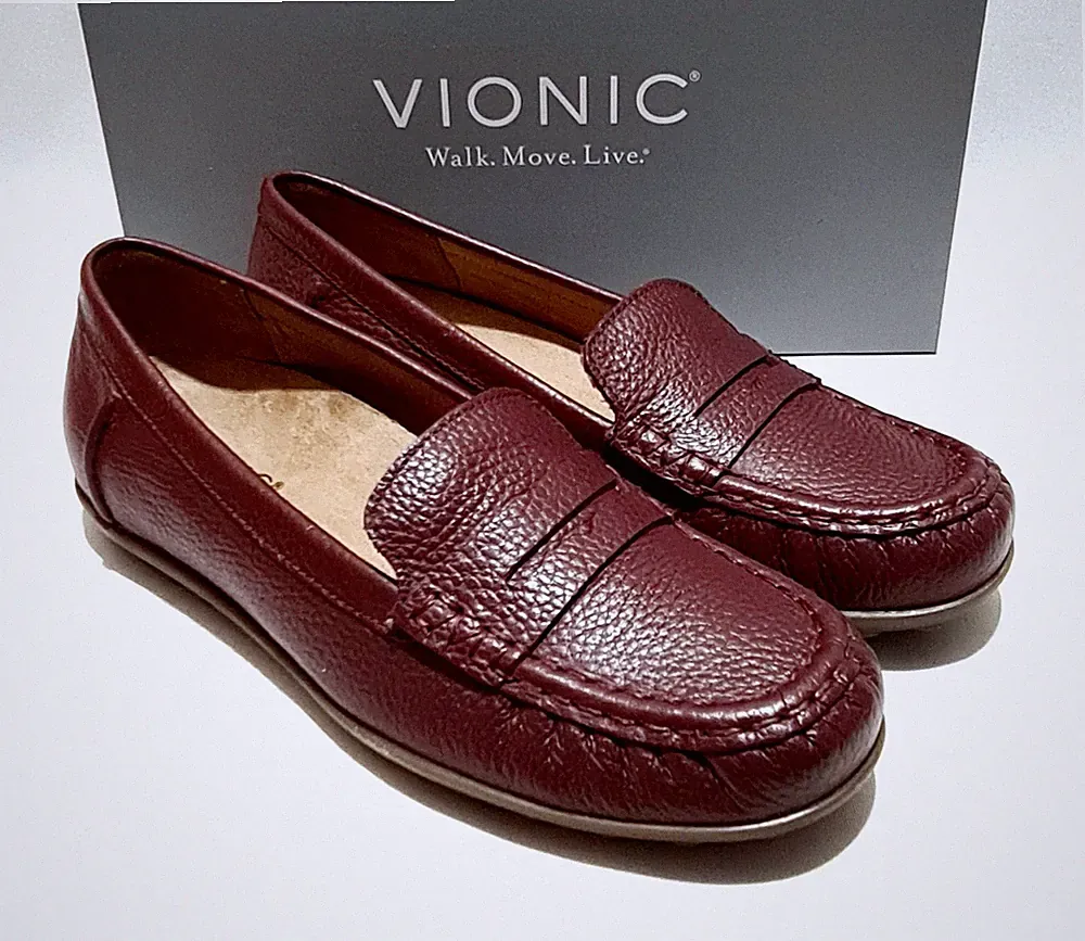 Vionic Marcy BURGUNDERROTER HALBSCHUH LEDER ORTHESEN FLACHE SCHUHE UVP 90 £ NEU IM KARTON DAMEN