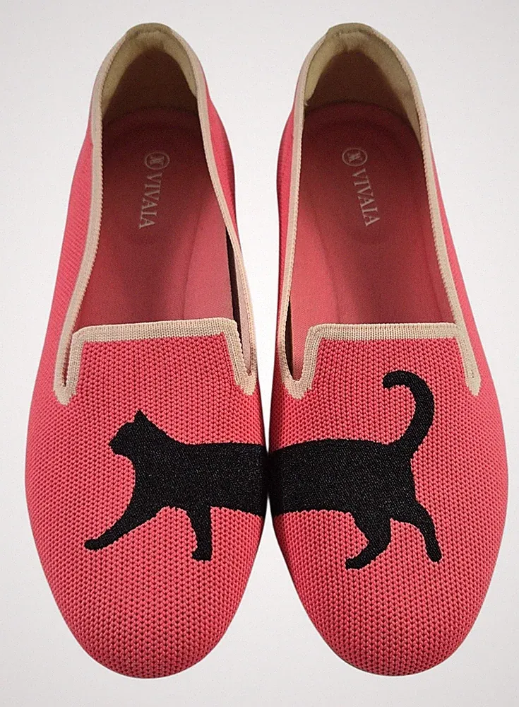 Vivaia Cat Shoes Audrey Embroidered Loafers Knit Pink Black Whimsical EU 39 US 8
